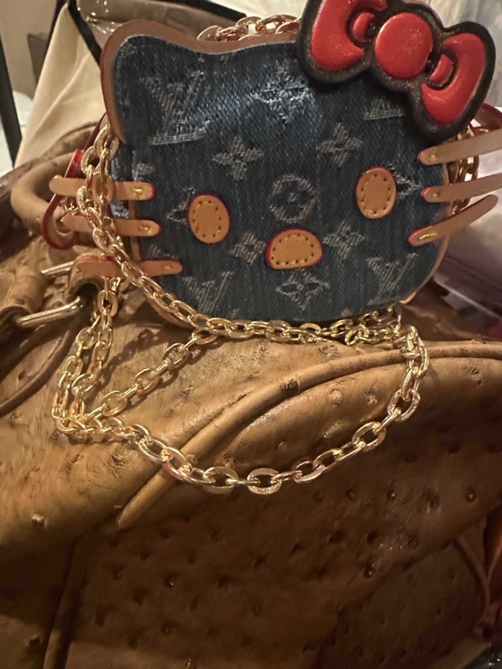Denim Cat-Shaped Crossbody Bag with Gold Chain - Hello Kitty Style